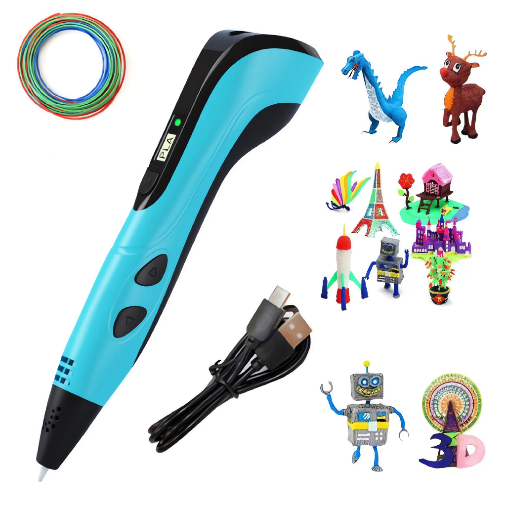 Caneta de impressão 3D azul acompanhada de filamento e cabo USB